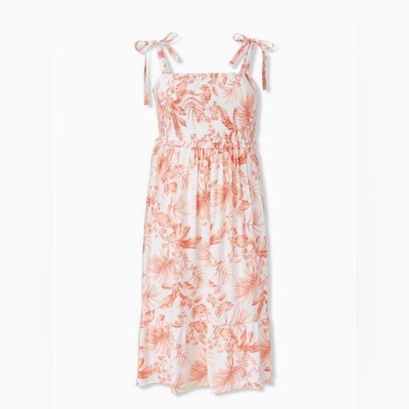 Torrid NWT Smocked White and Coral Floral Tropical Beach Summer Midi Dress - Picture 1 of 8